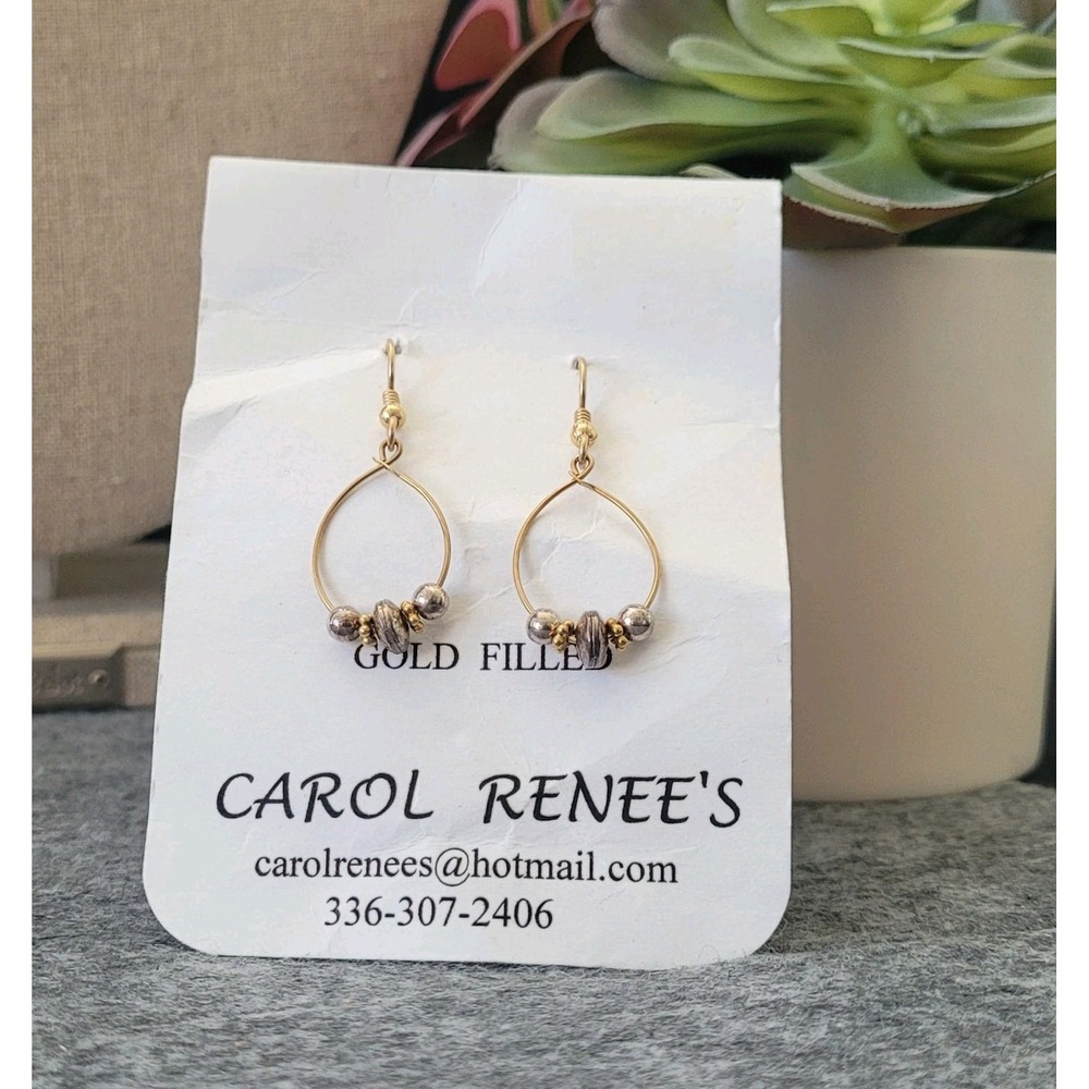Carol Renee Artisan Gold Filled Wire Hoop Earrings Beaded Dangle Boho Vintage